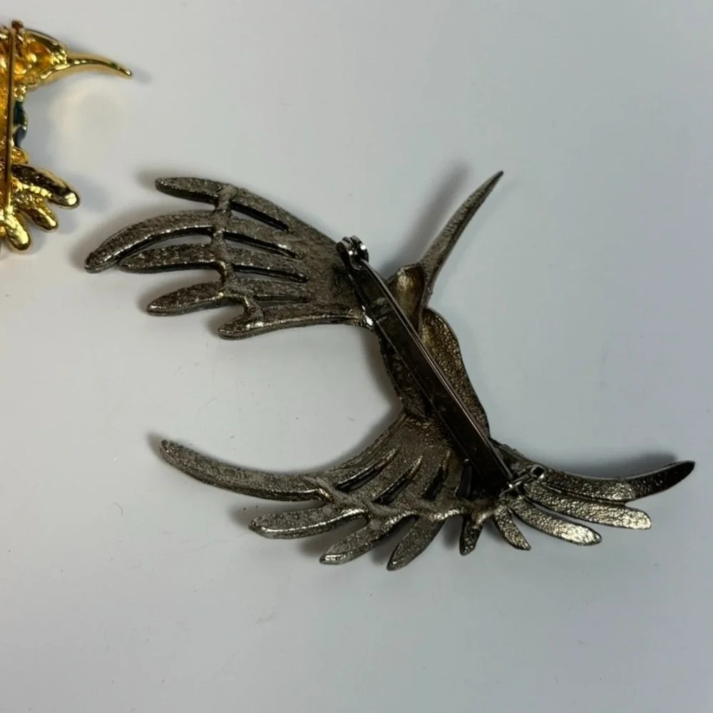 Brooch Lot Hummingbirds Vintage Silver Tone Green Painted Gold Tone‎ 2 inch